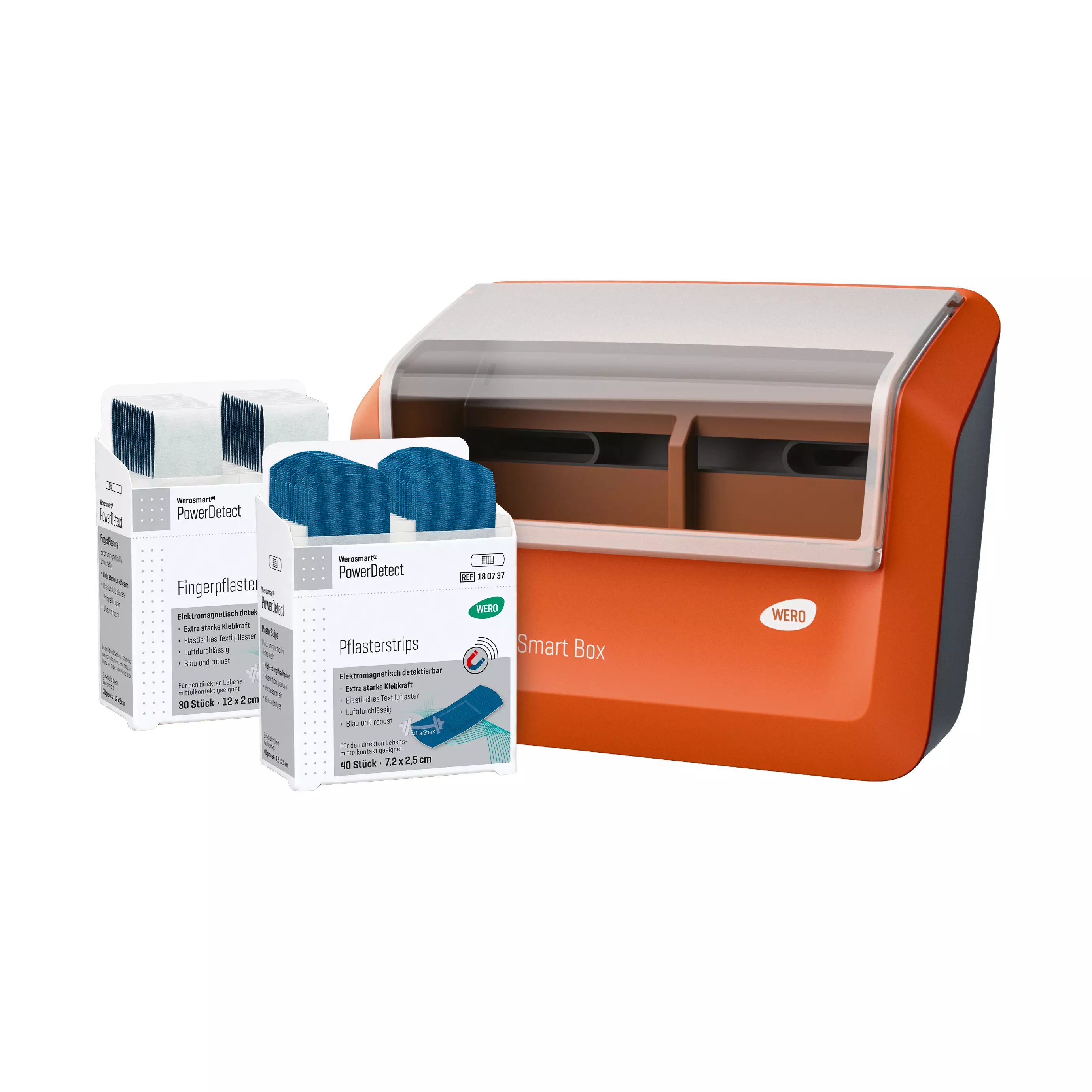 WERO Smart Box® plaster dispenser filled with PowerDetect plaster strips & finger plasters