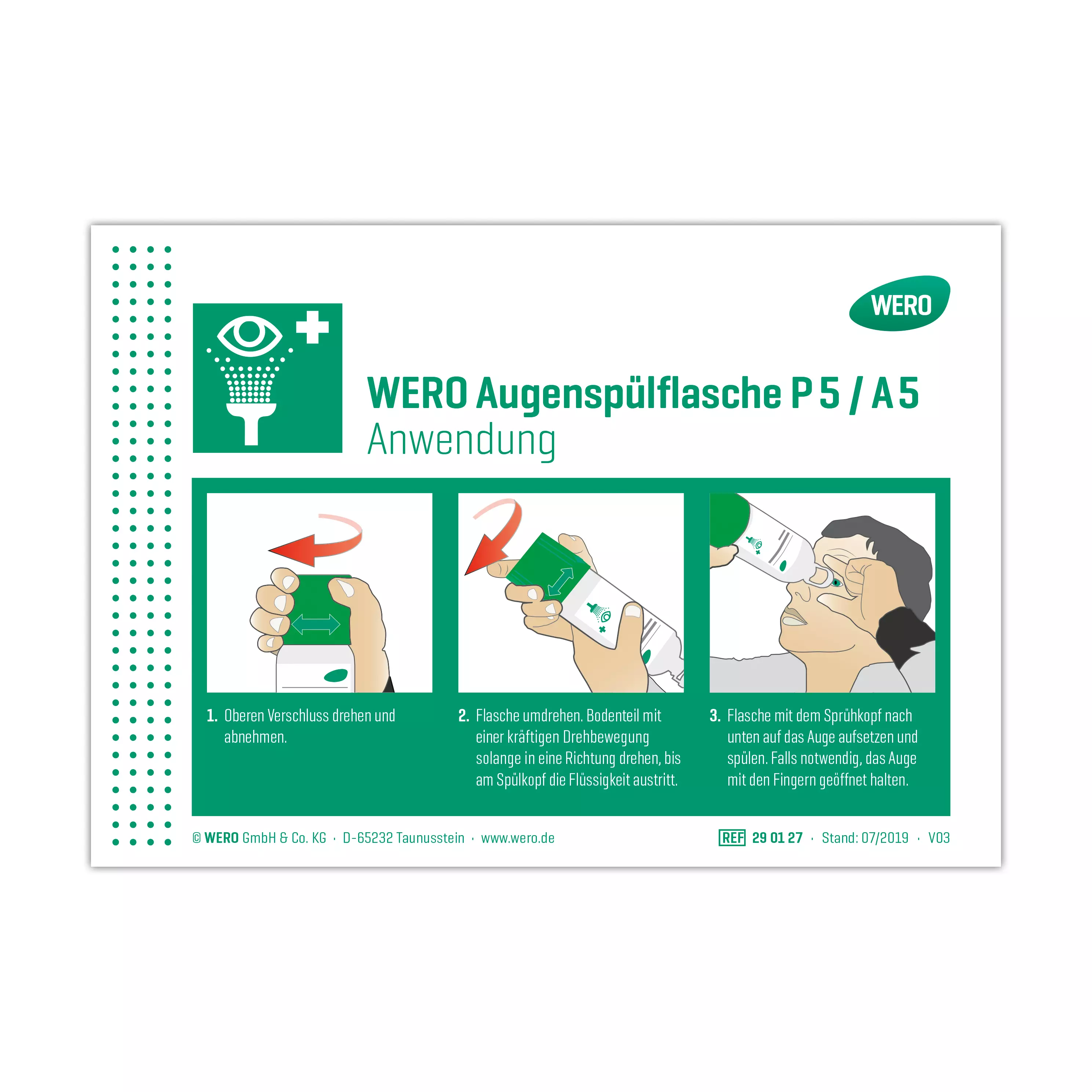 WERO Schild: Anwendung Augenspülflasche P 5 / A 5
