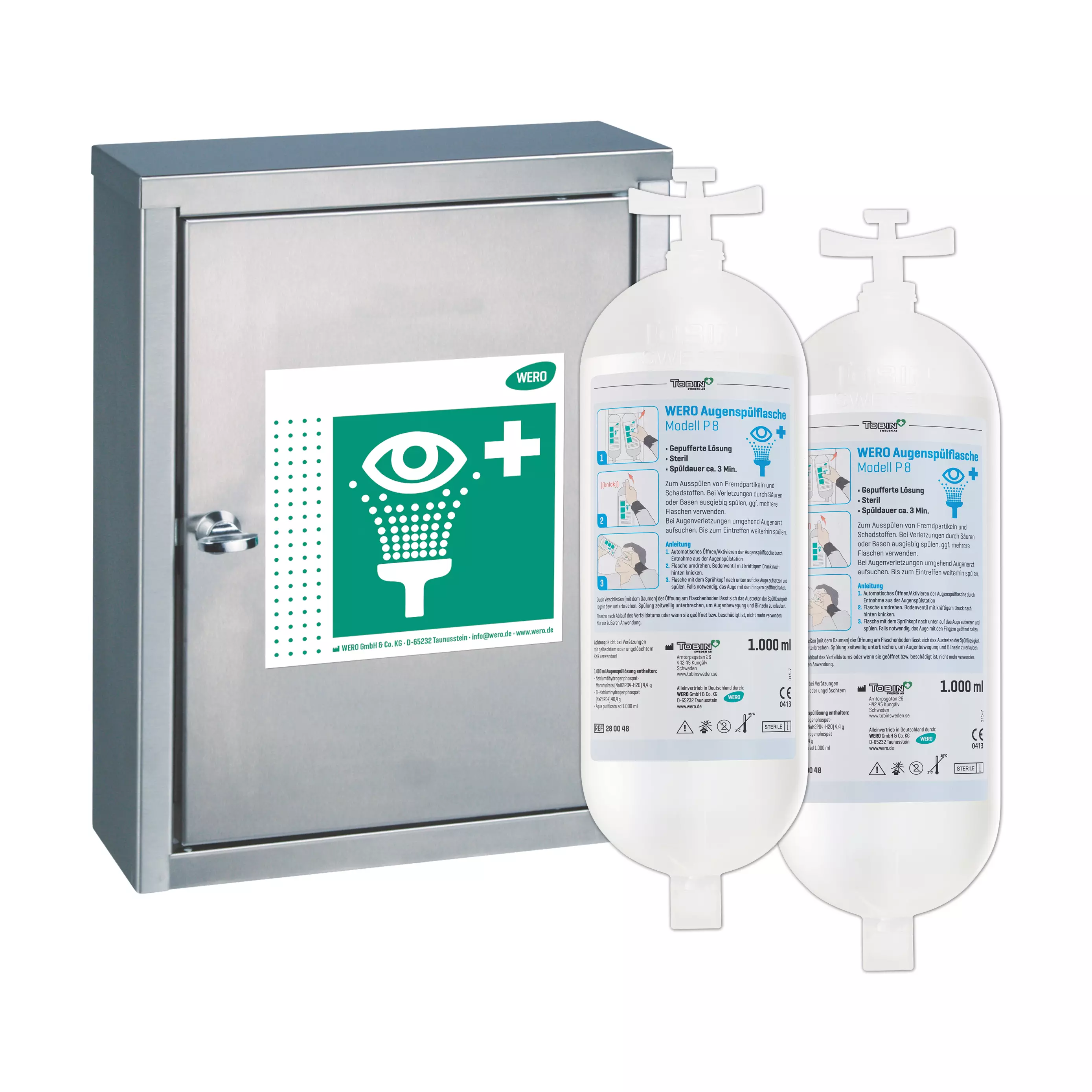 WERO eye wash station QuickCheck with 2 eye wash bottles P 8 (buffered solution, sterile) - stainless steel V4A