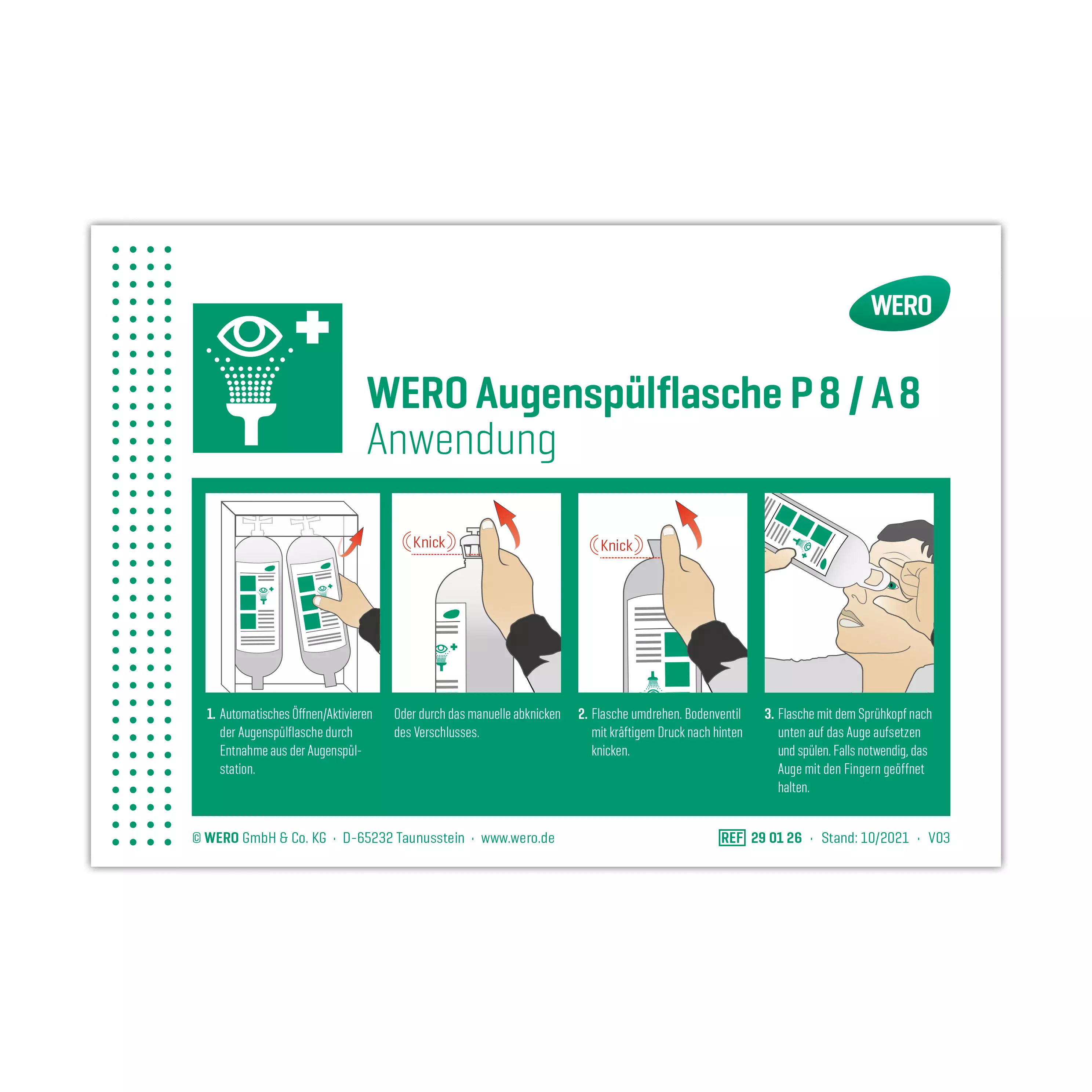 WERO Schild: Anwendung Augenspülflasche Modell P 8 / A 8