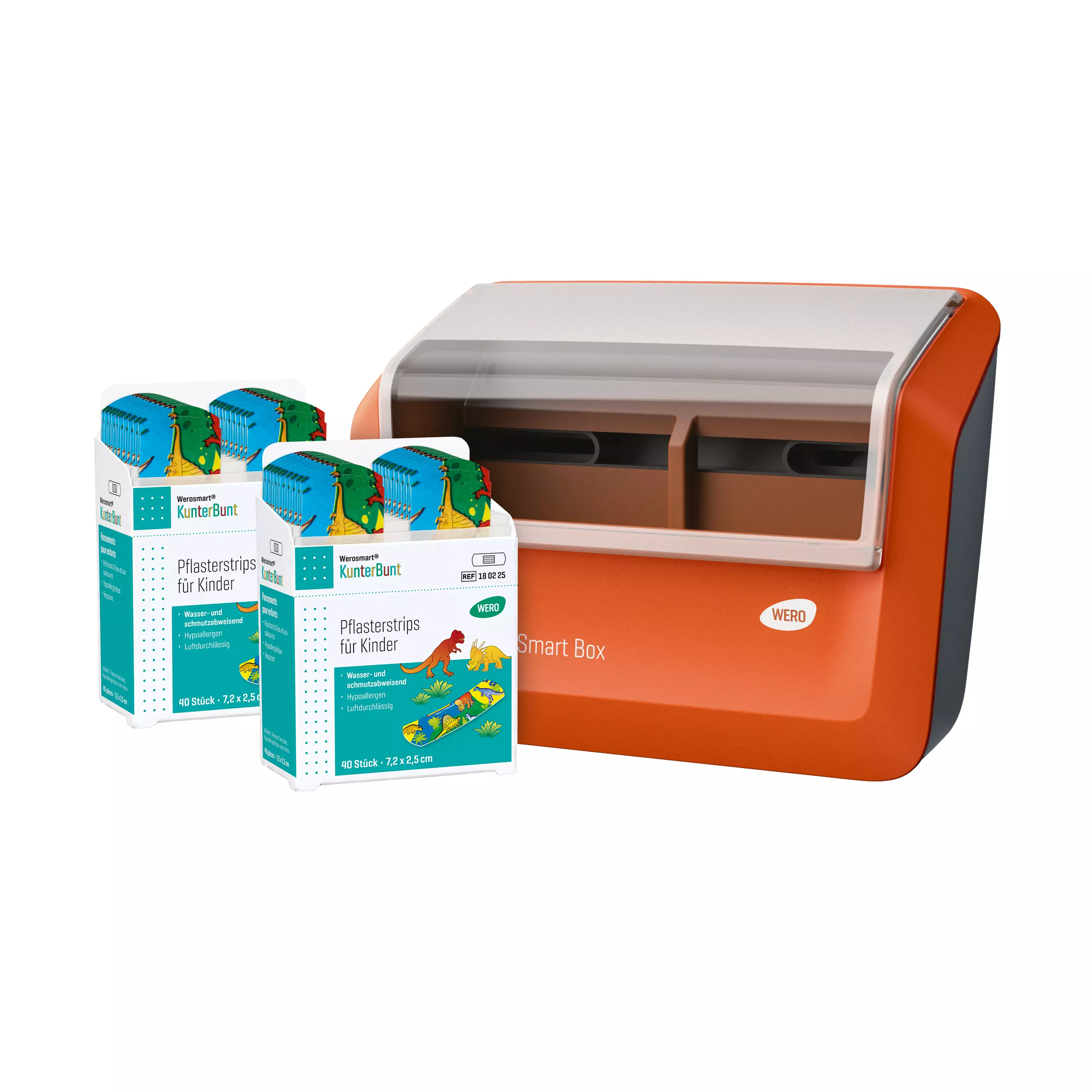 WERO Smart Box® plaster dispenser filled with Werosmart KunterBunt plaster strips for children