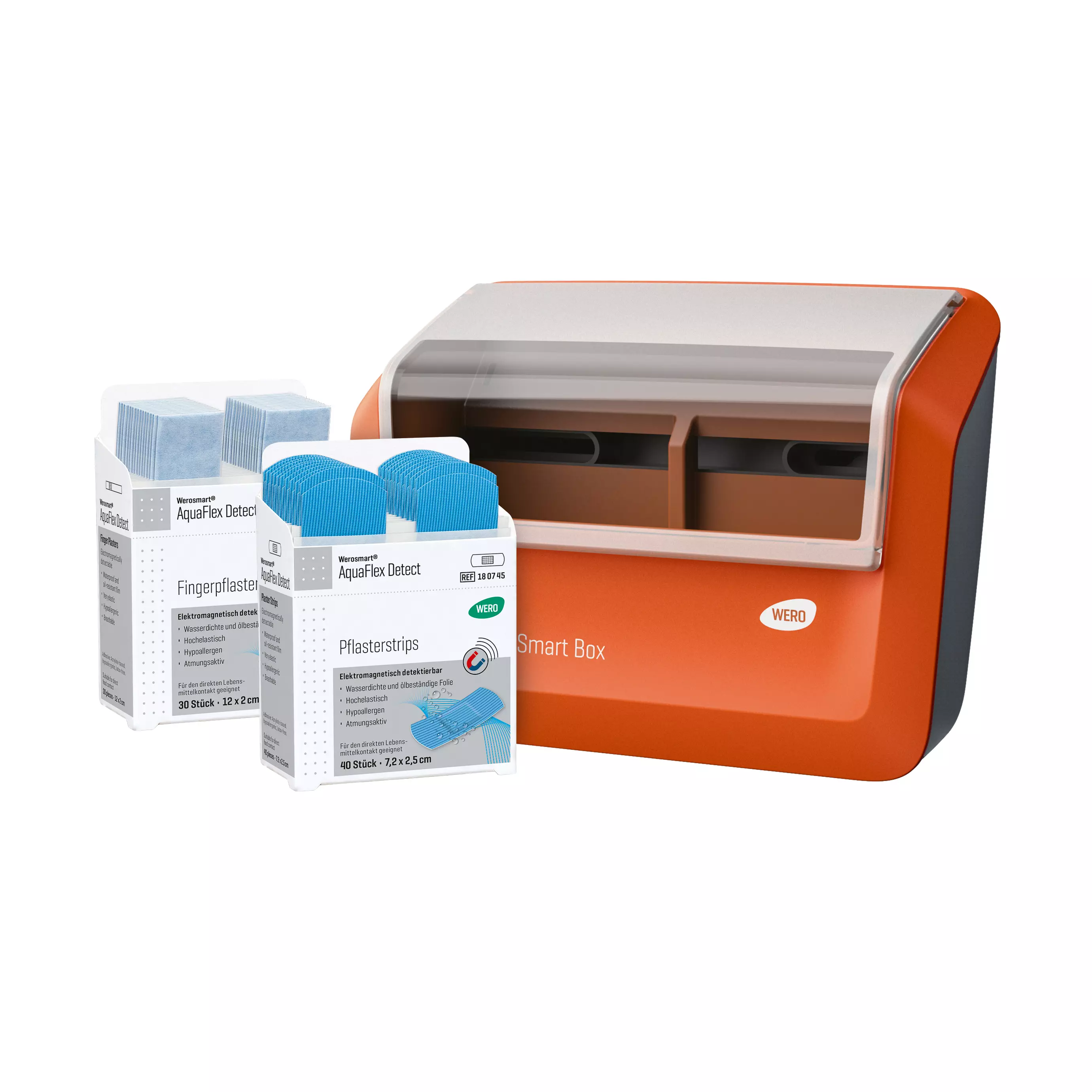 WERO Smart Box® plaster dispenser filled with AquaFlex Detect plaster strips & finger plasters