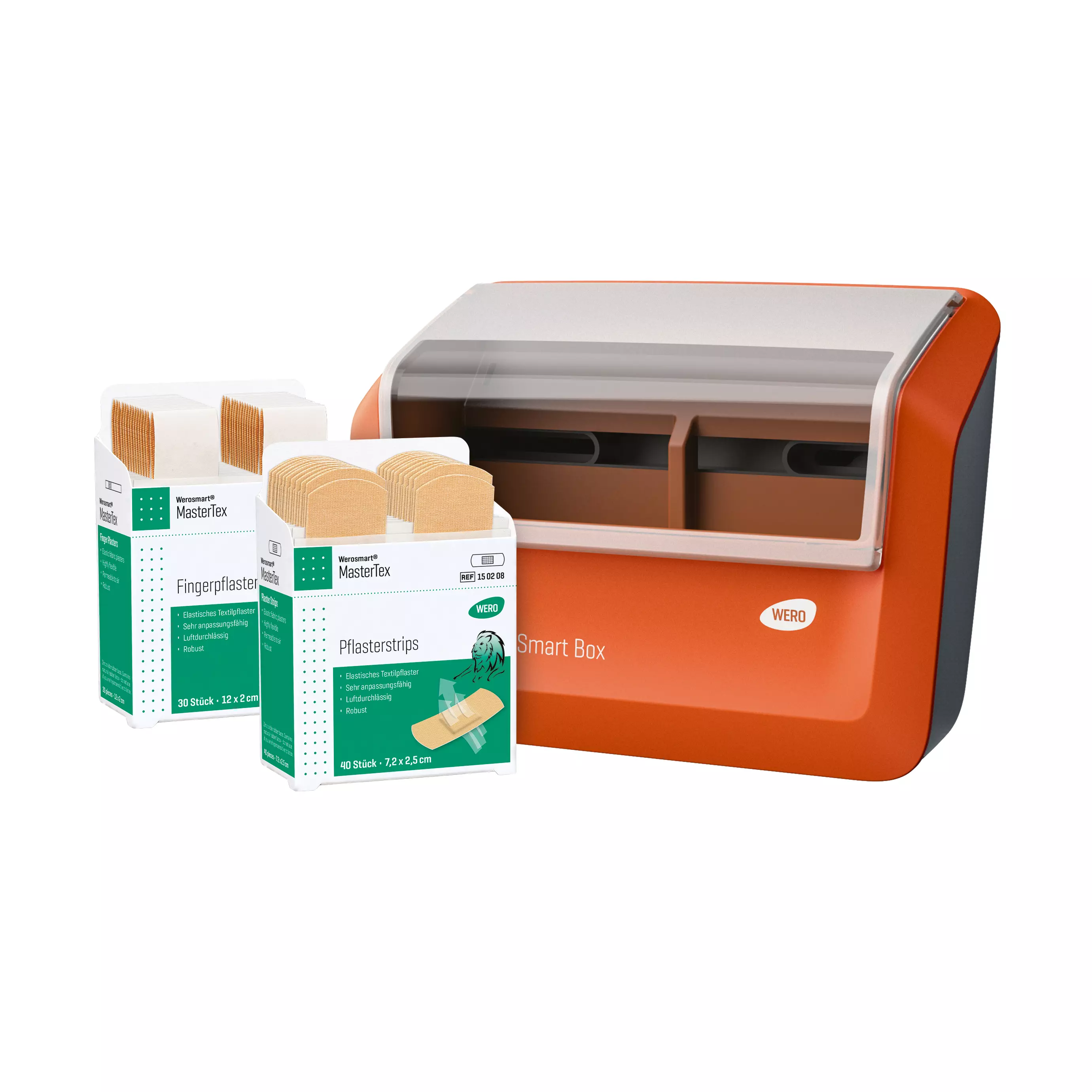 WERO Smart Box® plaster dispenser filled with MasterTex plaster strips & finger plasters