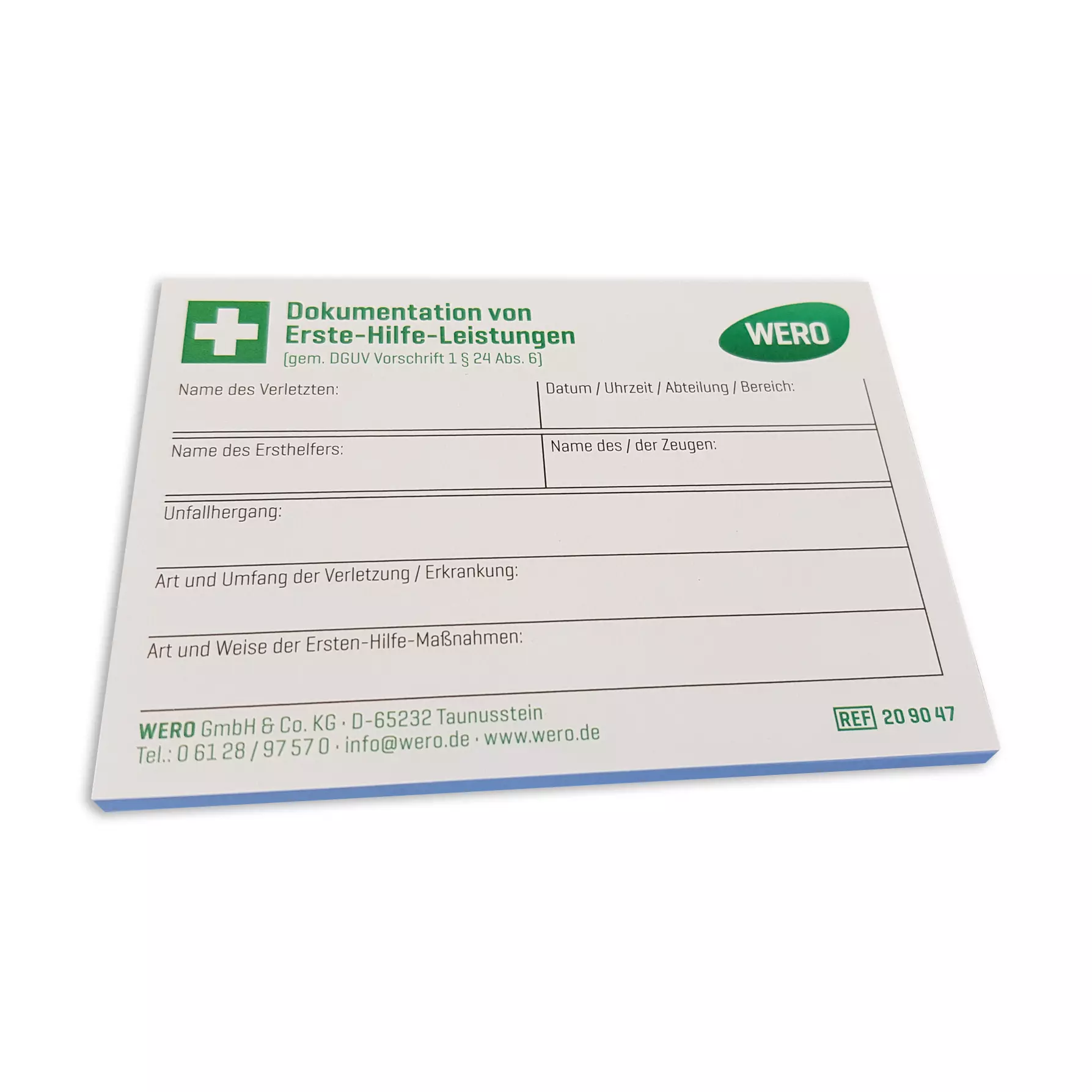 WERO sticky notepad for documenting first aid services, 50 sheets