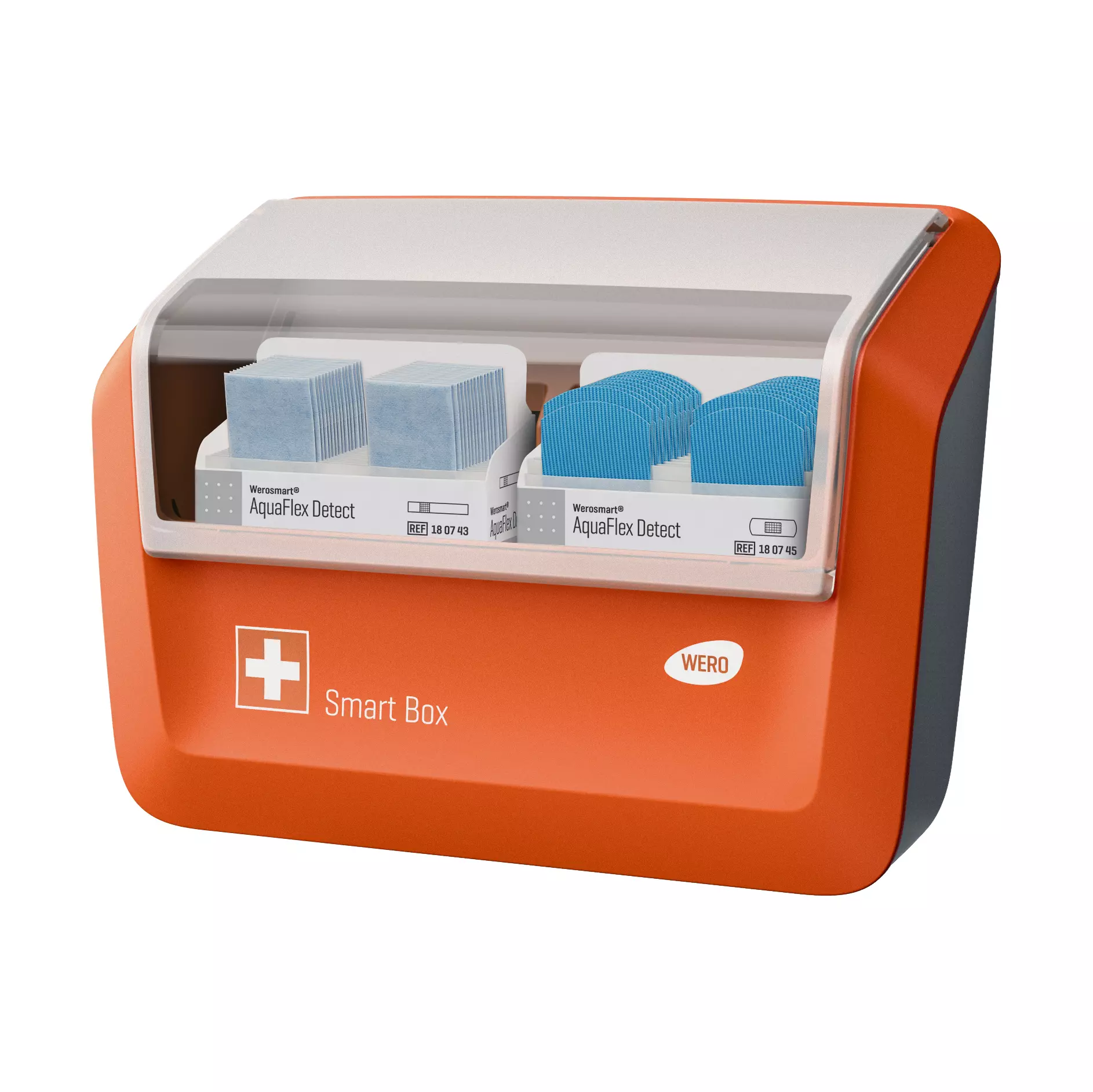 WERO Smart Box® plaster dispenser filled with AquaFlex Detect plaster strips & finger plasters