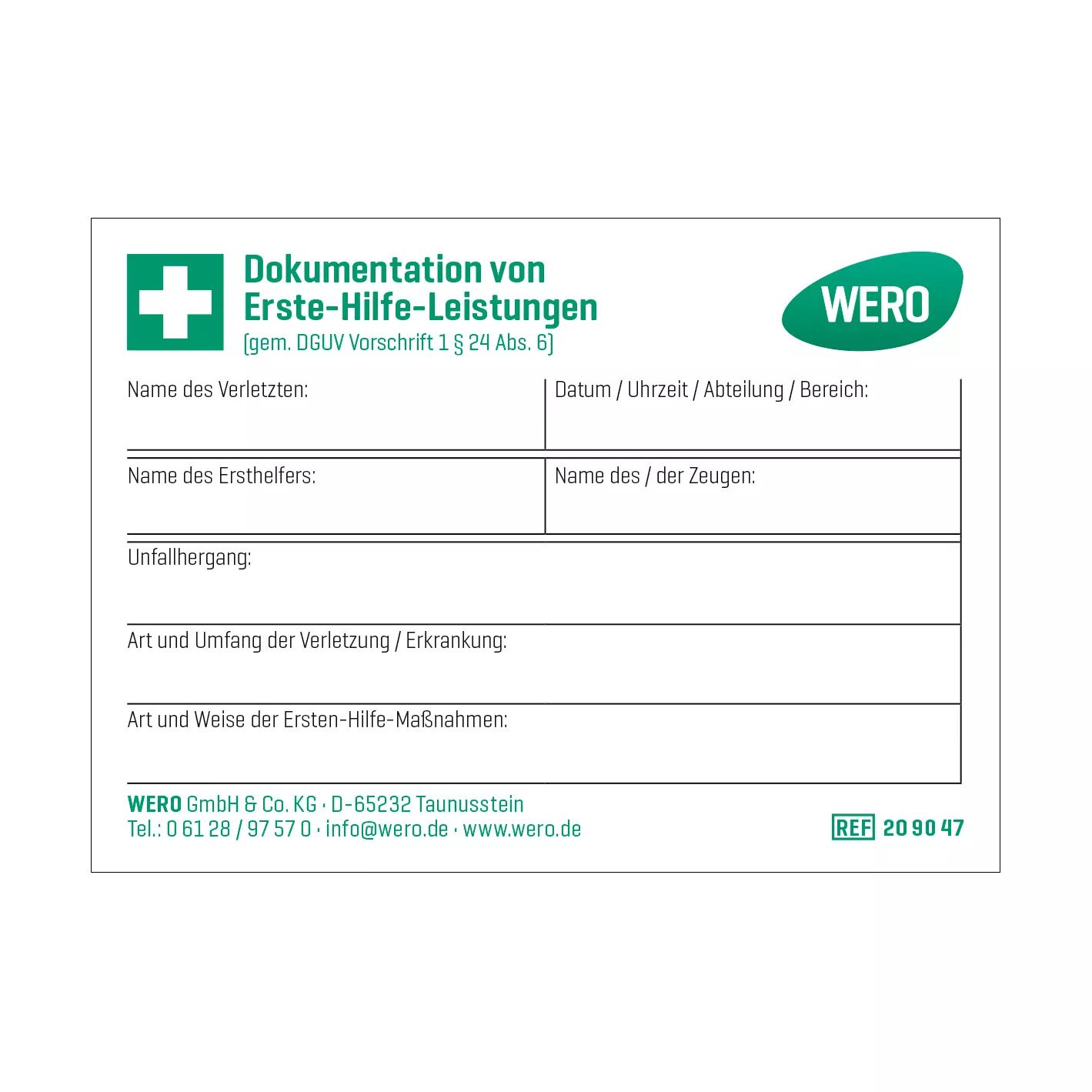 WERO sticky notepad for documenting first aid services, 50 sheets