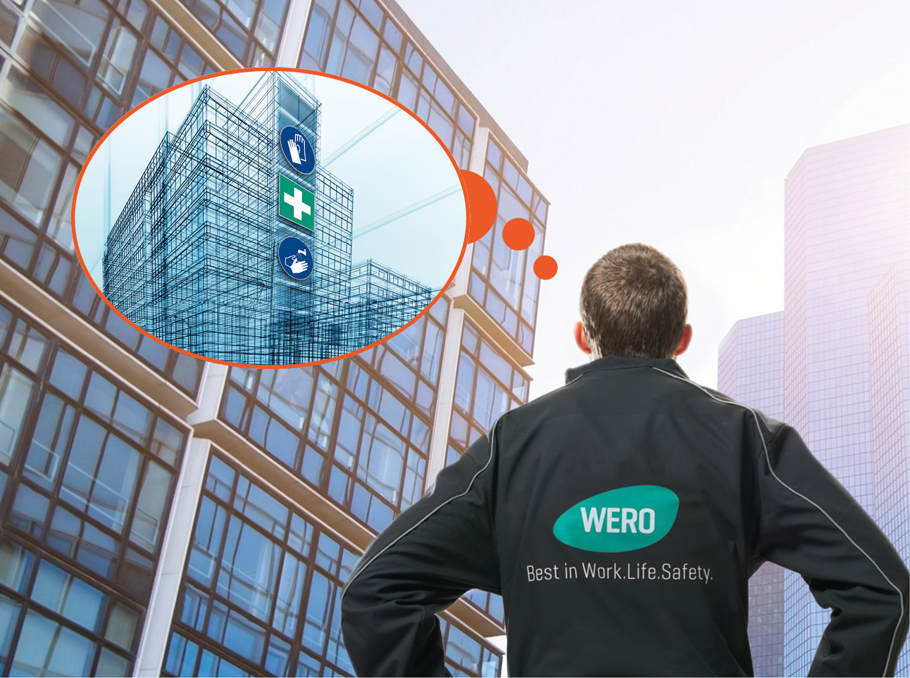 Abbildung eines WERO Mitarbeitenden, der mit dem Rücken zur Kamera steht und eine Jacke mit WERO-Branding trägt